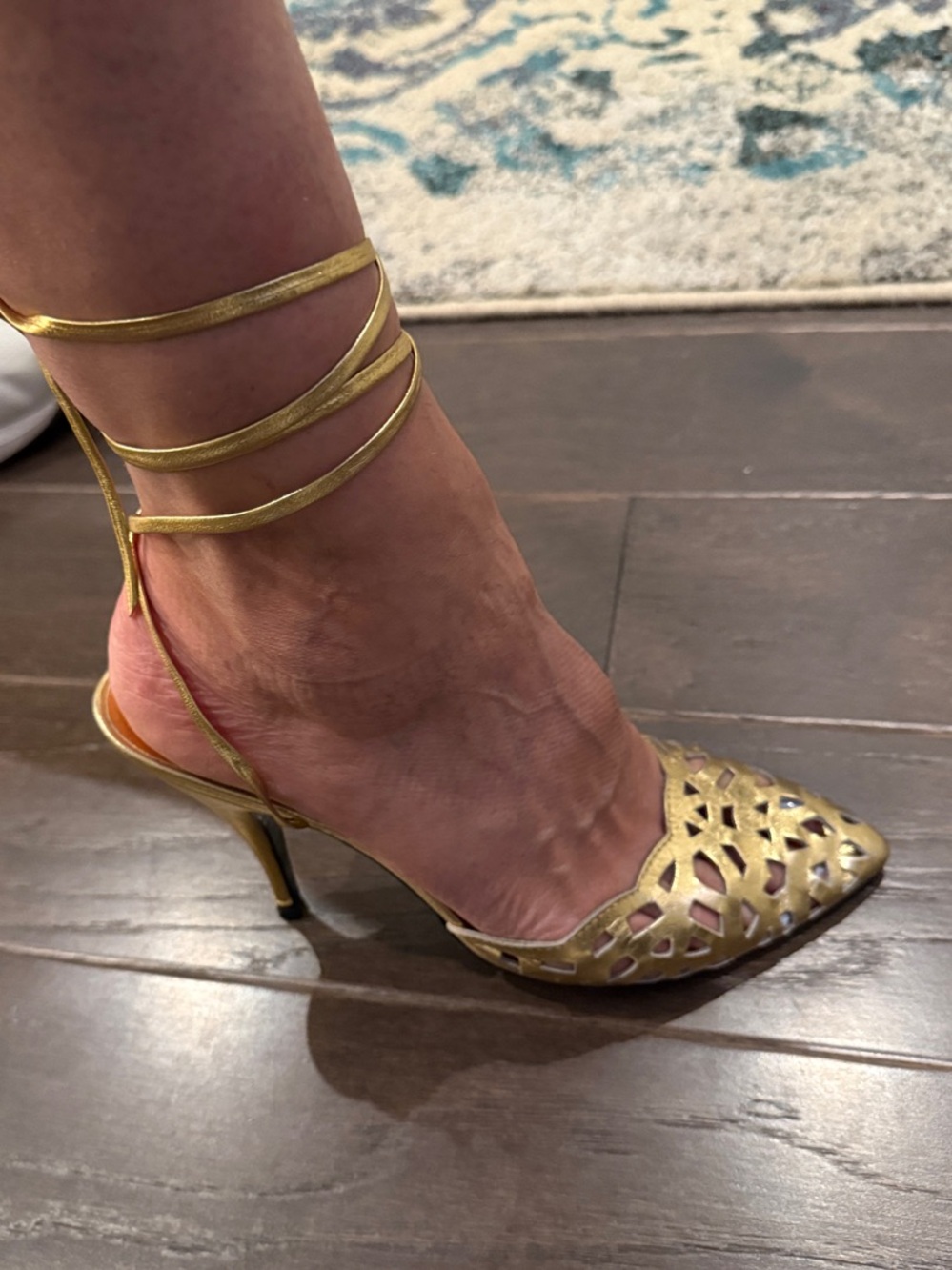 Vintage 80s HipOppotamus Gold Metallic Laser Cut Lace Up Cone Heels 9M Br